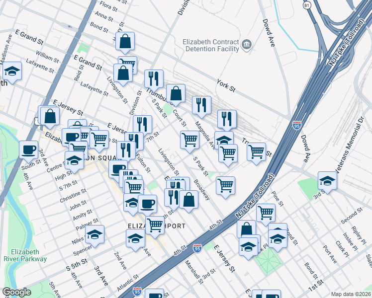 map of restaurants, bars, coffee shops, grocery stores, and more near 600 South Park Street in Elizabeth