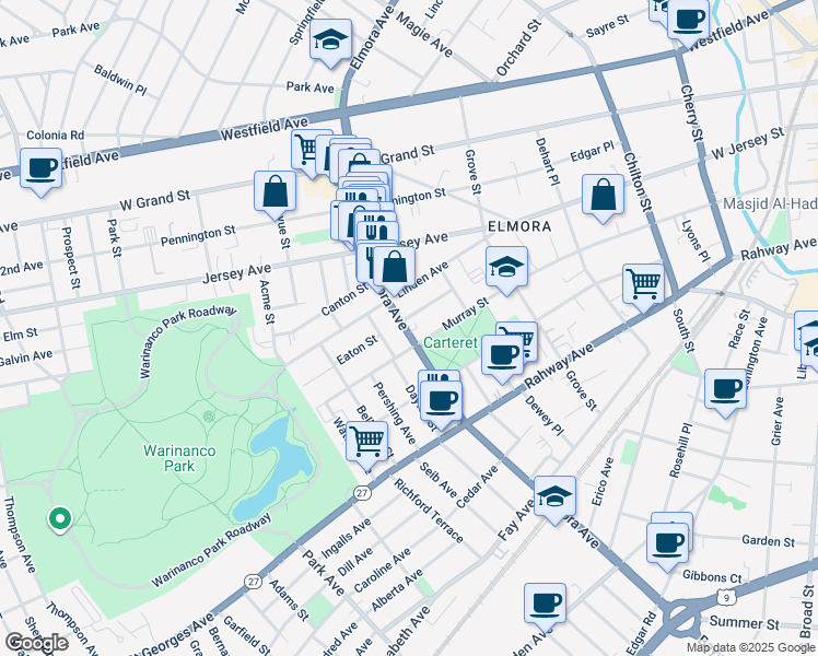 map of restaurants, bars, coffee shops, grocery stores, and more near 66 Elmora Avenue in Elizabeth