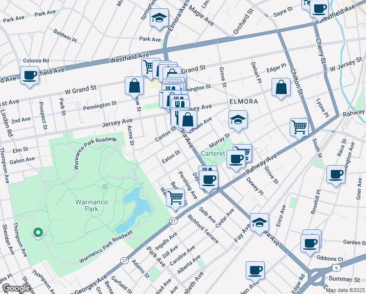 map of restaurants, bars, coffee shops, grocery stores, and more near 66 Elmora Avenue in Elizabeth