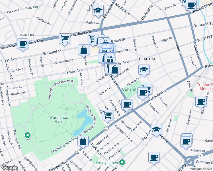 map of restaurants, bars, coffee shops, grocery stores, and more near 731 Eaton Street in Elizabeth