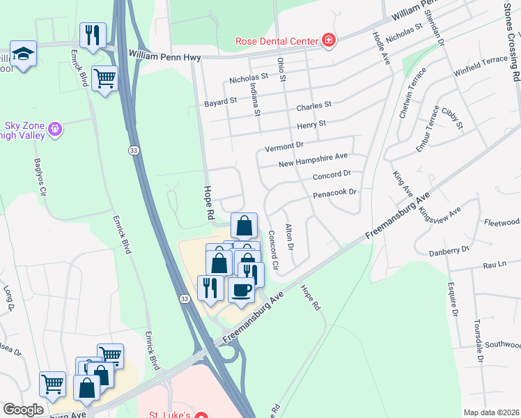 map of restaurants, bars, coffee shops, grocery stores, and more near 2820 Hope Road in Easton