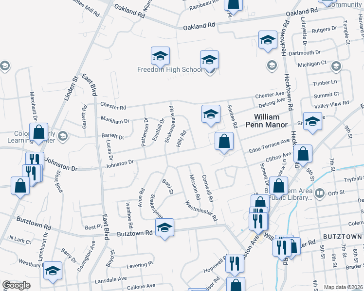 map of restaurants, bars, coffee shops, grocery stores, and more near 2037 Johnston Drive in Bethlehem