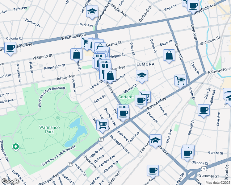 map of restaurants, bars, coffee shops, grocery stores, and more near 67 Elmora Avenue in Elizabeth