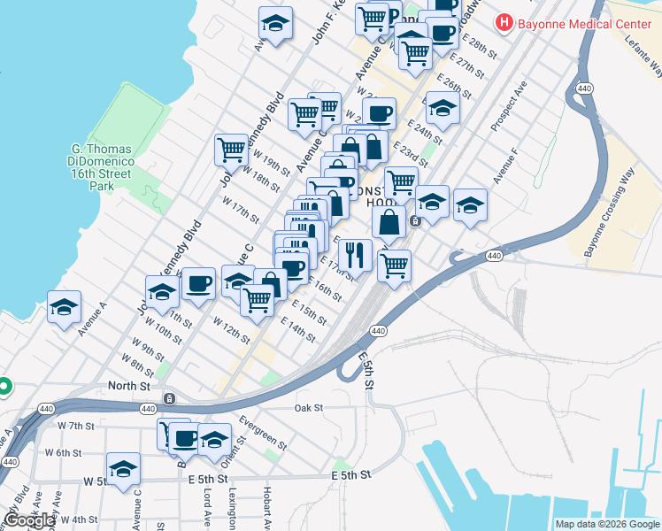 map of restaurants, bars, coffee shops, grocery stores, and more near 14 Court Place in Bayonne