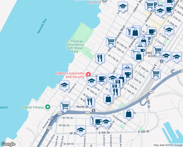 map of restaurants, bars, coffee shops, grocery stores, and more near 100 West 13th Street in Bayonne