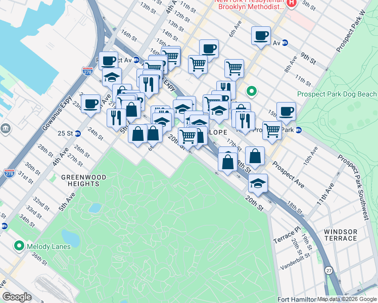map of restaurants, bars, coffee shops, grocery stores, and more near 20th Street in Brooklyn