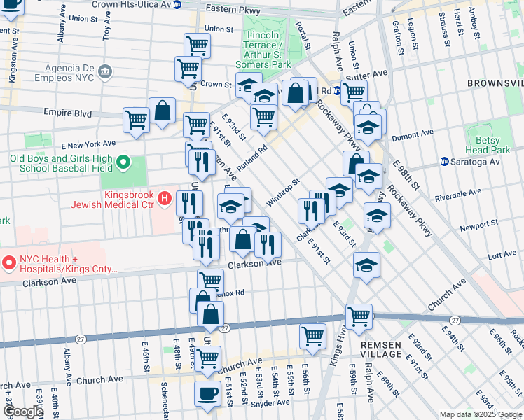 map of restaurants, bars, coffee shops, grocery stores, and more near Remsen Avenue & Winthrop Street in Brooklyn