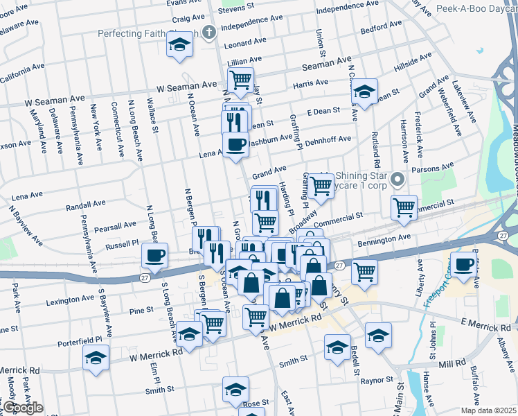 map of restaurants, bars, coffee shops, grocery stores, and more near 50 North Main Street in Freeport