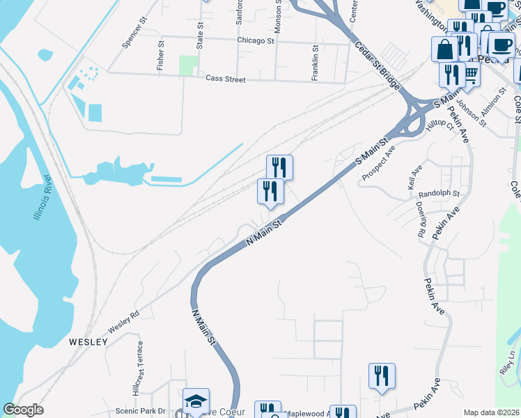 map of restaurants, bars, coffee shops, grocery stores, and more near 927 Wesley Rd in Creve Coeur