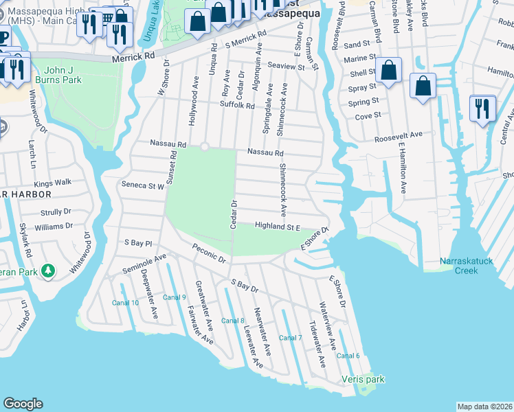 map of restaurants, bars, coffee shops, grocery stores, and more near 20 Bayview Street East in Massapequa