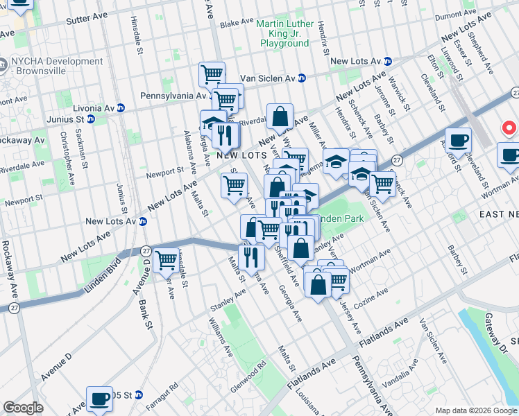 map of restaurants, bars, coffee shops, grocery stores, and more near 755 Sheffield Avenue in Brooklyn
