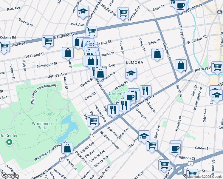 map of restaurants, bars, coffee shops, grocery stores, and more near 527 Murray Street in Elizabeth