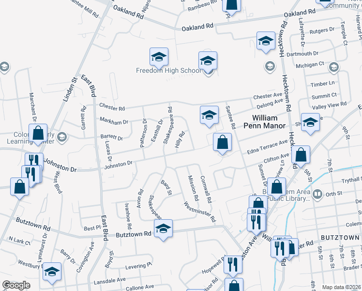 map of restaurants, bars, coffee shops, grocery stores, and more near 2037 Johnston Drive in Bethlehem