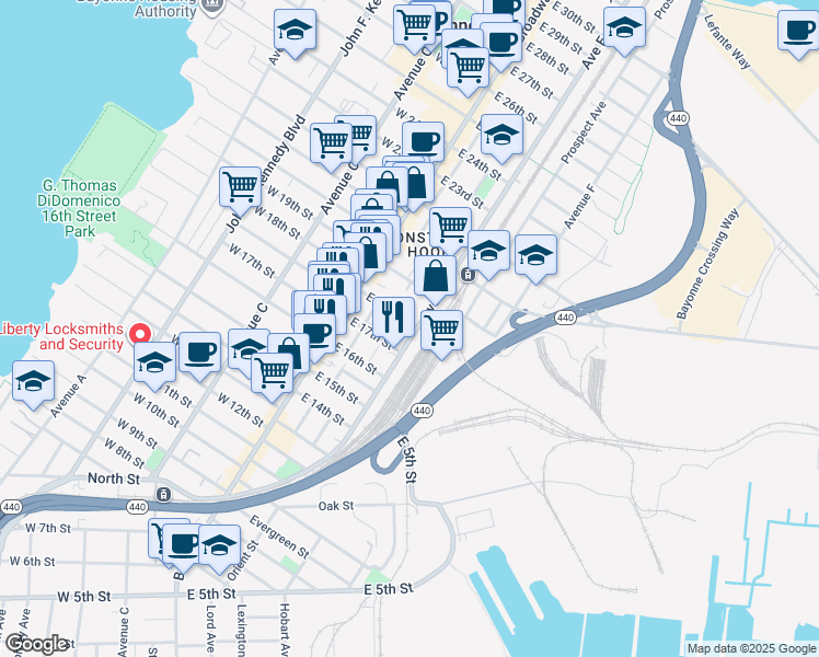 map of restaurants, bars, coffee shops, grocery stores, and more near 153 Avenue E in Bayonne
