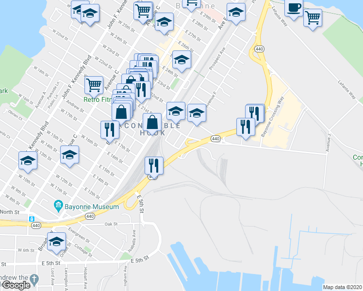 map of restaurants, bars, coffee shops, grocery stores, and more near 69 Avenue F in Bayonne