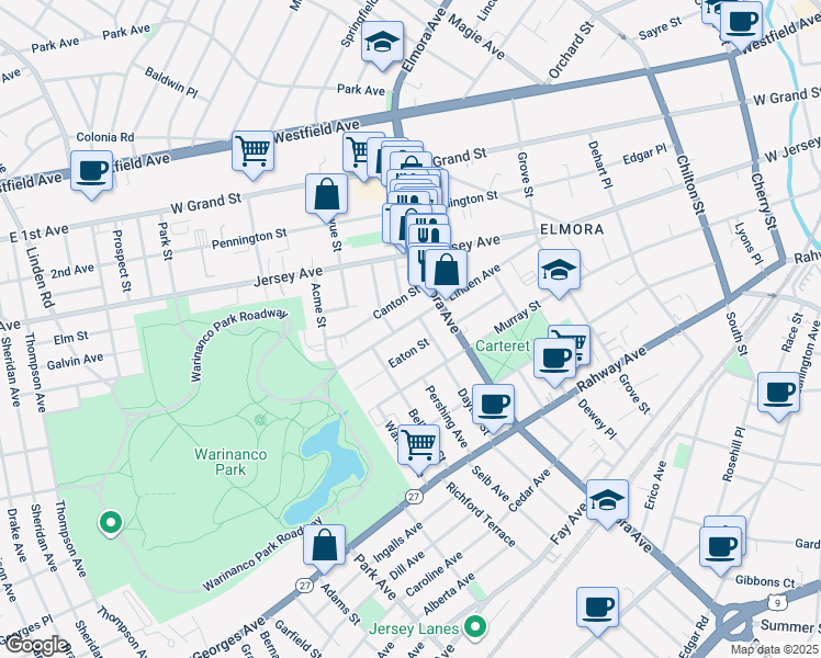 map of restaurants, bars, coffee shops, grocery stores, and more near 731 Eaton Street in Elizabeth