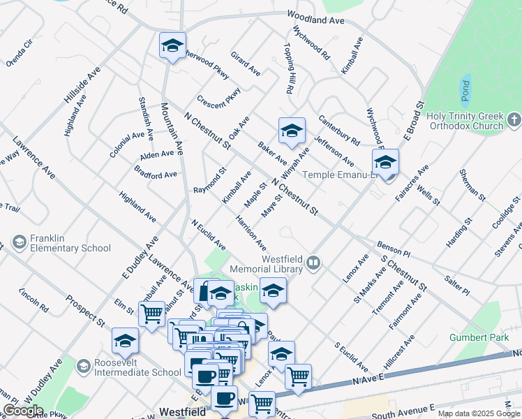 map of restaurants, bars, coffee shops, grocery stores, and more near 617 Maye Street in Westfield