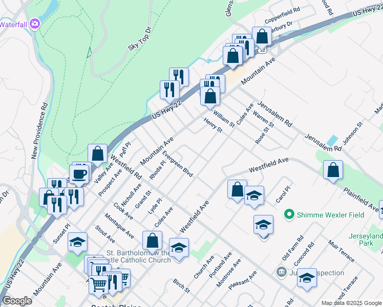 map of restaurants, bars, coffee shops, grocery stores, and more near 2272 Beechwood Place in Scotch Plains