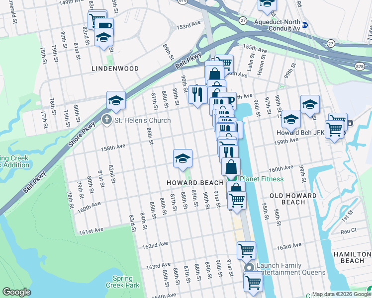 map of restaurants, bars, coffee shops, grocery stores, and more near 89th Street in Queens
