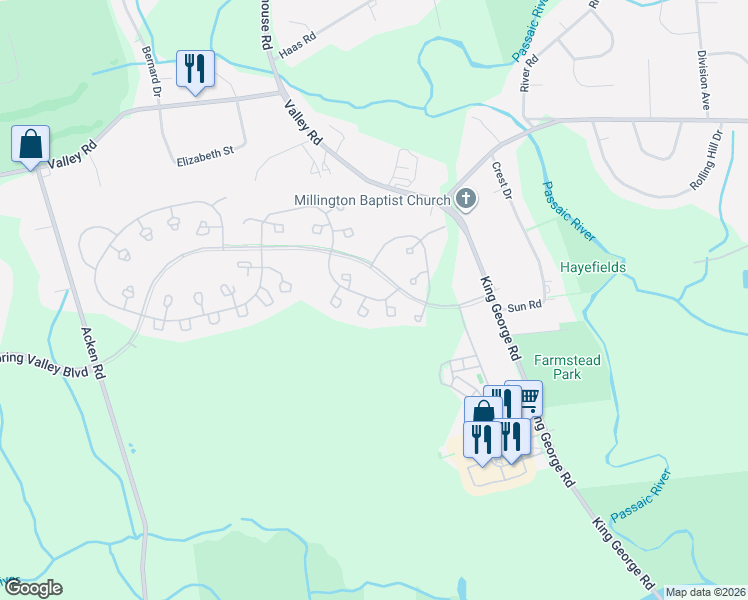 map of restaurants, bars, coffee shops, grocery stores, and more near 201 Jamestown Road in Basking Ridge