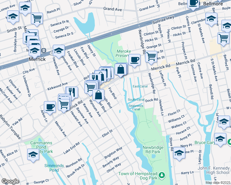 map of restaurants, bars, coffee shops, grocery stores, and more near 225 Fox Boulevard in Merrick