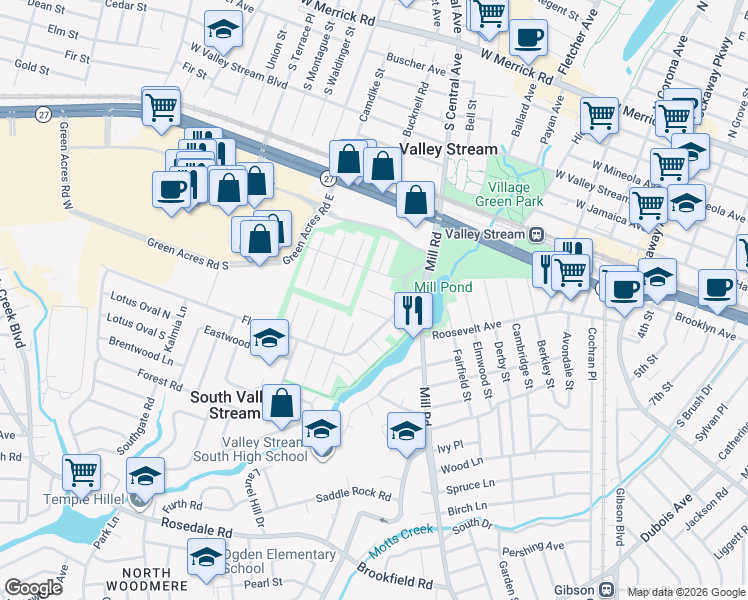 map of restaurants, bars, coffee shops, grocery stores, and more near 11 Bittersweet Lane in Valley Stream