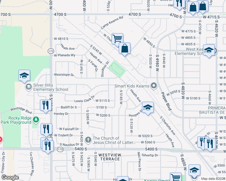 map of restaurants, bars, coffee shops, grocery stores, and more near 5052 Jedediah Drive in Kearns