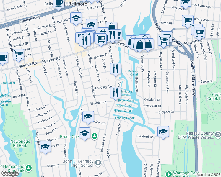 map of restaurants, bars, coffee shops, grocery stores, and more near 2760 Landing Avenue in Bellmore