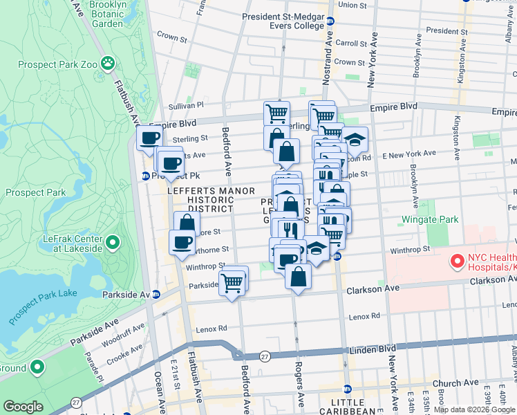 map of restaurants, bars, coffee shops, grocery stores, and more near 188 Rutland Road in Brooklyn