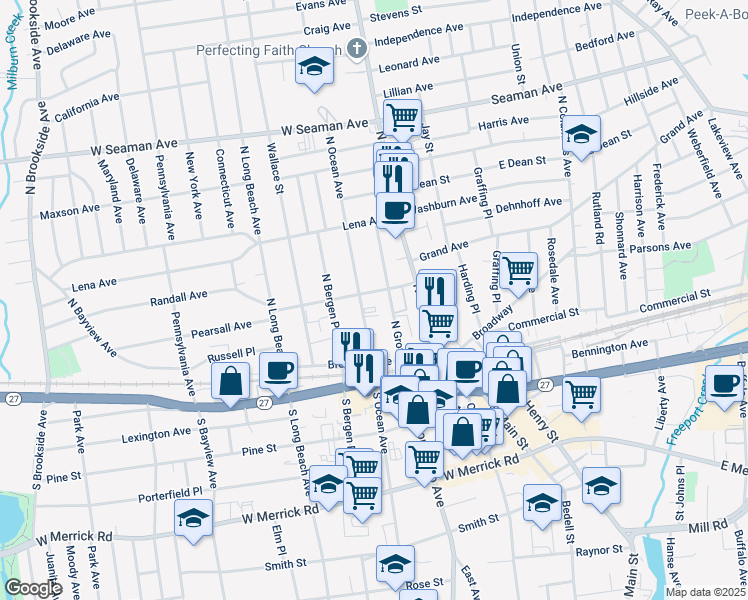 map of restaurants, bars, coffee shops, grocery stores, and more near 41 Randall Avenue in Freeport