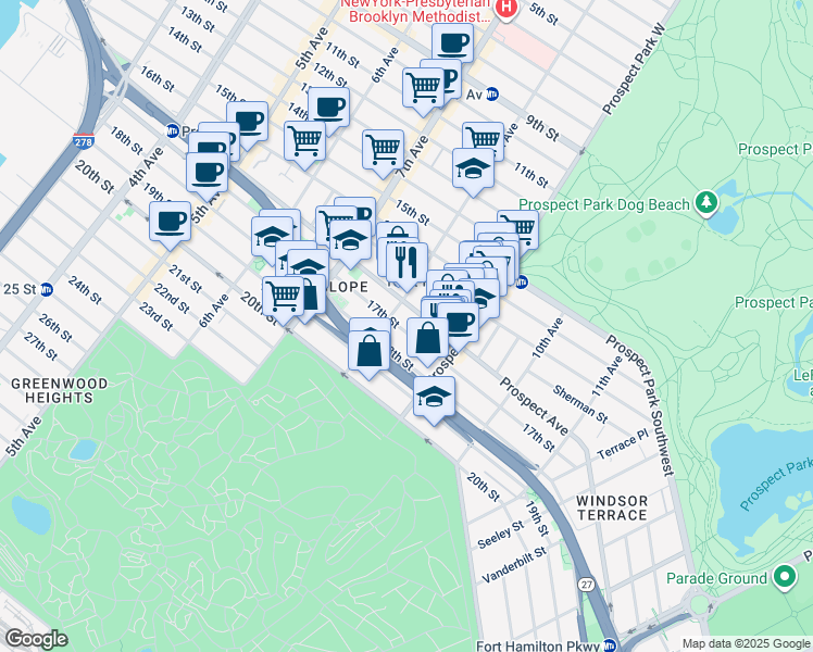 map of restaurants, bars, coffee shops, grocery stores, and more near 445 17th Street in Brooklyn