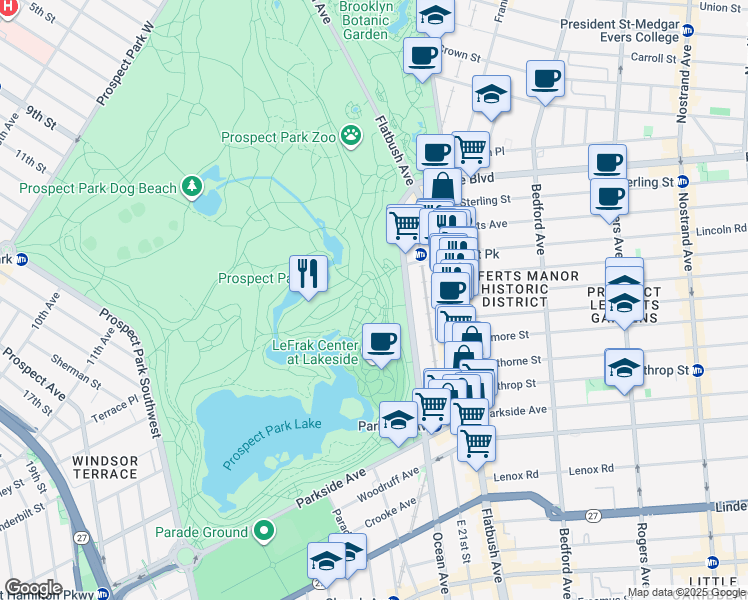 map of restaurants, bars, coffee shops, grocery stores, and more near 160 East Drive in Brooklyn