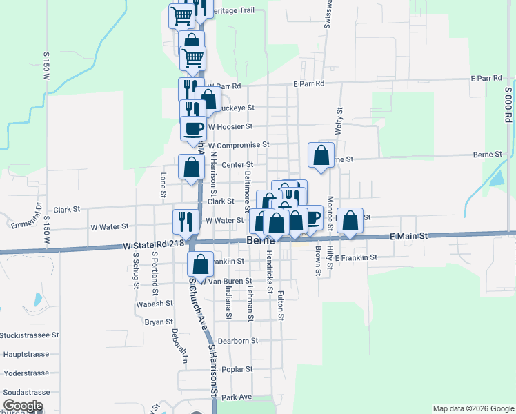 map of restaurants, bars, coffee shops, grocery stores, and more near 265 W Water St in Berne