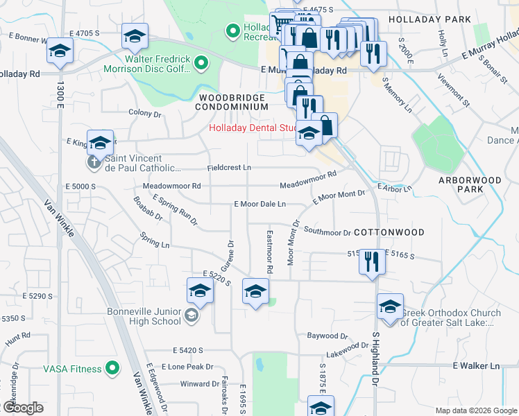 map of restaurants, bars, coffee shops, grocery stores, and more near 1771 Southmoor Drive in Salt Lake City
