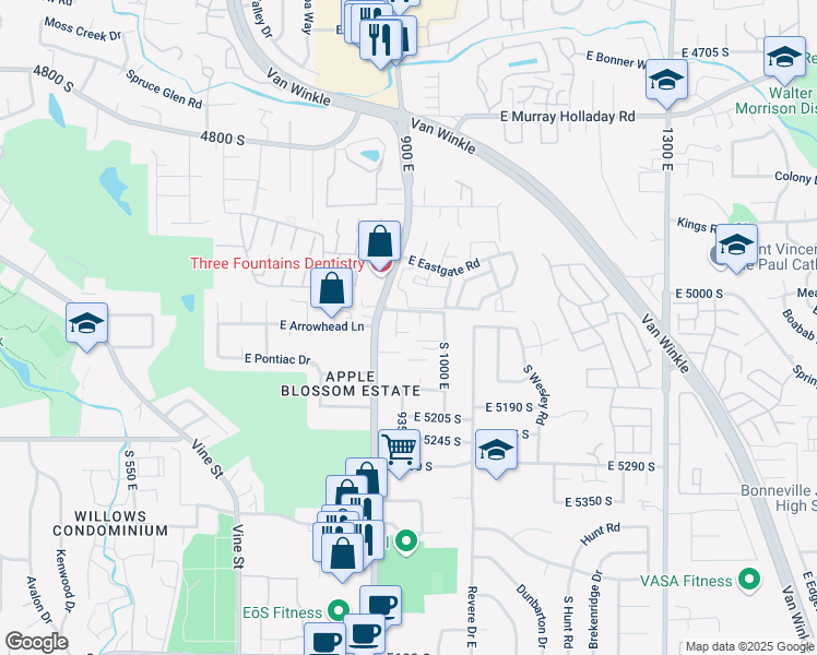 map of restaurants, bars, coffee shops, grocery stores, and more near 5090 South 1000 East in Salt Lake City