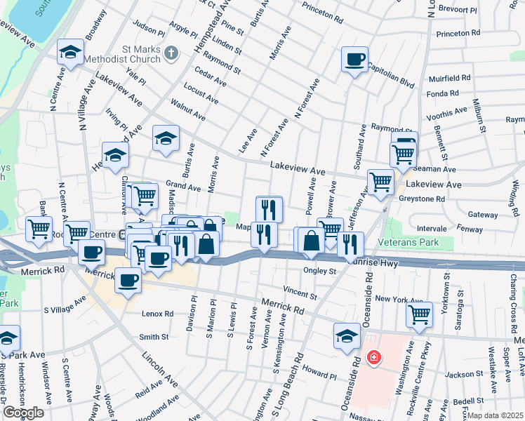 map of restaurants, bars, coffee shops, grocery stores, and more near 145 Maple Avenue in Rockville Centre