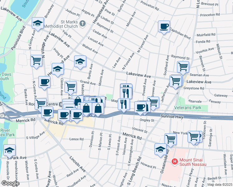 map of restaurants, bars, coffee shops, grocery stores, and more near 145 Maple Avenue in Rockville Centre