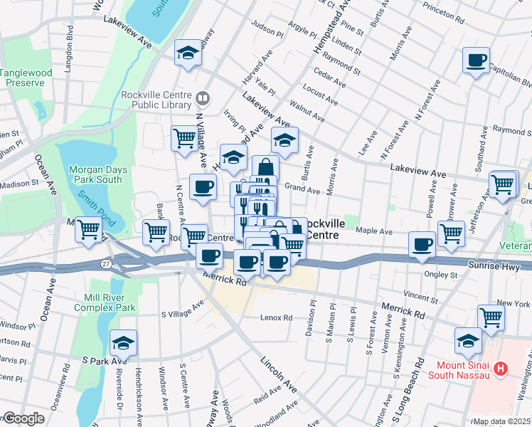 map of restaurants, bars, coffee shops, grocery stores, and more near 23 Maple Avenue in Rockville Centre