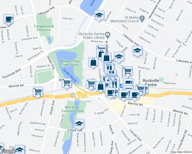 map of restaurants, bars, coffee shops, grocery stores, and more near 52 North Centre Avenue in Rockville Centre