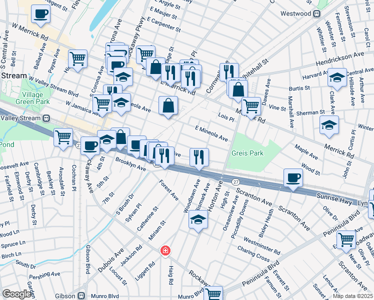map of restaurants, bars, coffee shops, grocery stores, and more near 187 East Hawthorne Avenue in Valley Stream