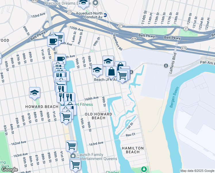 map of restaurants, bars, coffee shops, grocery stores, and more near 159-37 100th Street in Queens
