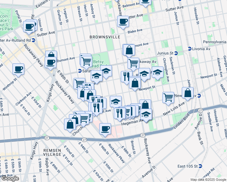map of restaurants, bars, coffee shops, grocery stores, and more near 874 Thomas S Boyland Street in Brooklyn
