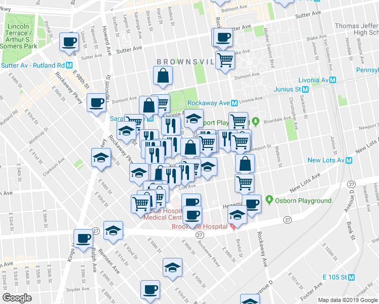 map of restaurants, bars, coffee shops, grocery stores, and more near 447 Herzl Street in Brooklyn