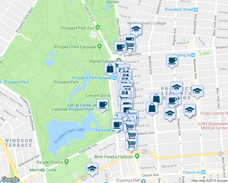 map of restaurants, bars, coffee shops, grocery stores, and more near 153 Ocean Avenue in Brooklyn