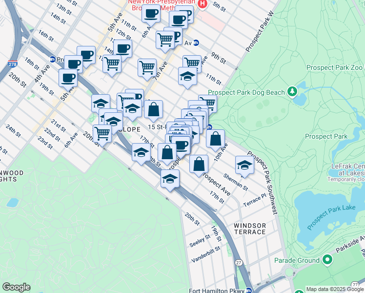 map of restaurants, bars, coffee shops, grocery stores, and more near 256 Prospect Park West in Brooklyn