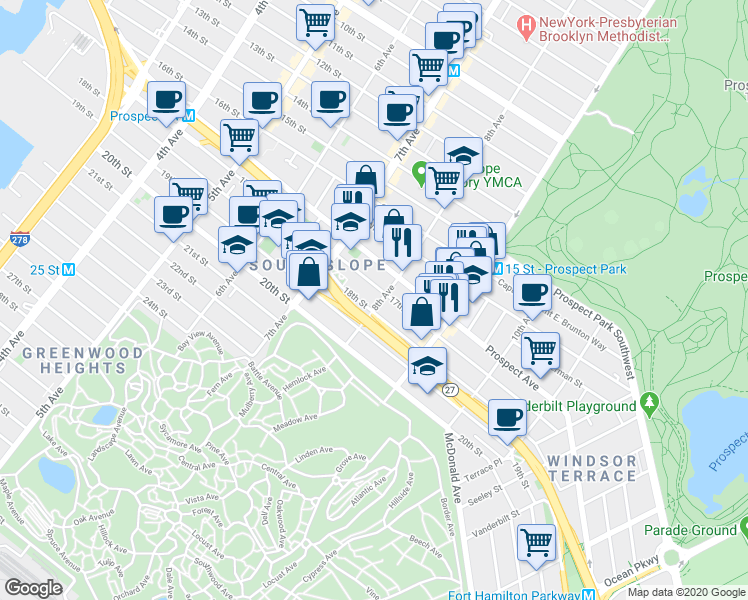 map of restaurants, bars, coffee shops, grocery stores, and more near 451 18th Street in Brooklyn