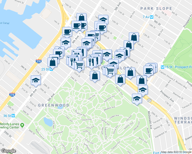 map of restaurants, bars, coffee shops, grocery stores, and more near 329 22nd Street in Brooklyn