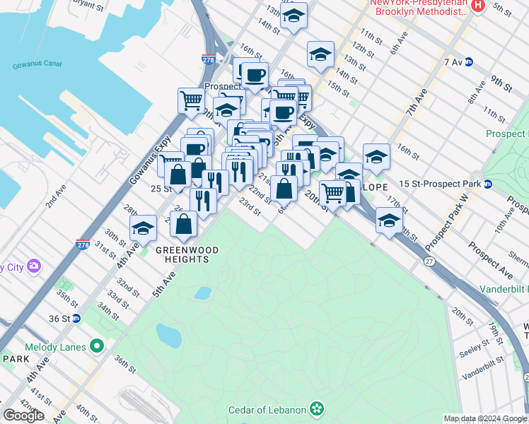 map of restaurants, bars, coffee shops, grocery stores, and more near 738 6th Avenue in Brooklyn