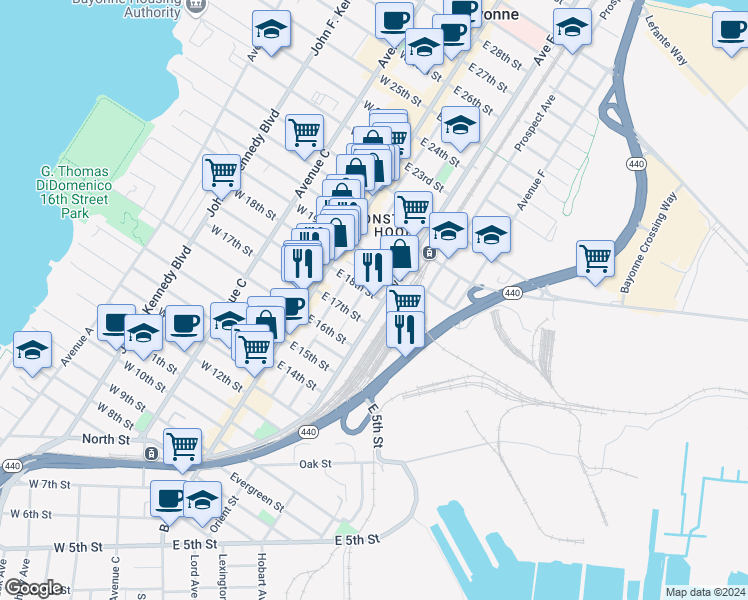 map of restaurants, bars, coffee shops, grocery stores, and more near 153 Avenue E in Bayonne