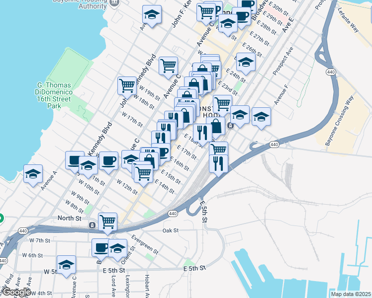 map of restaurants, bars, coffee shops, grocery stores, and more near 14 Court Place in Bayonne